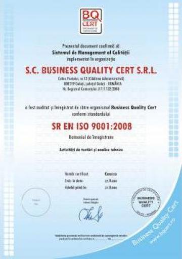Certificat calitate conform SR EN ISO 9001:2001 de la Business Quality Cert S.r.l.
