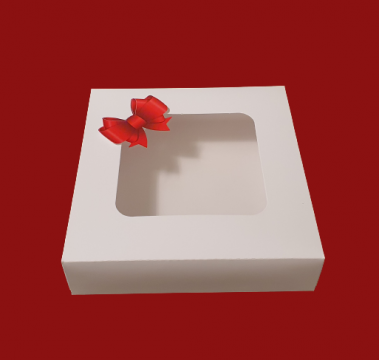 Cutie alba carton cu fereastra si fundita rosie 20x23x9,2cm