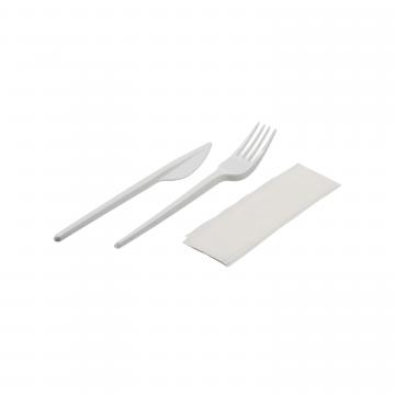 Set furculita + cutit albe + servetel biodegradabil CPLA