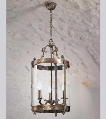 Lampa suspendata cu 3 lumini din alama si sticla curbata