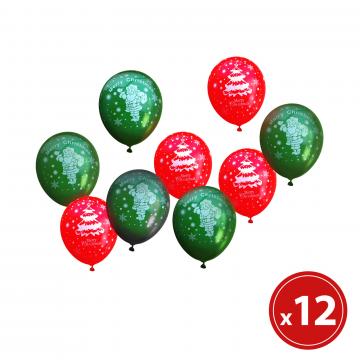 Set baloane - rosu, verde, cu motive de Craciun - 12 piese