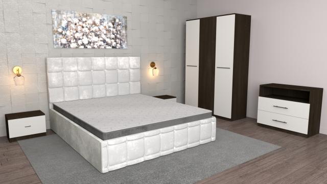 Dormitor Regal Alb Wenge cu Comoda Wenge, Pat Matrimonial