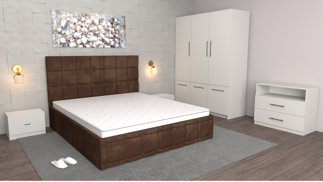 Dormitor Regal maro alb cu comoda TV alba, dulap David alb de la Wizmag Distribution Srl