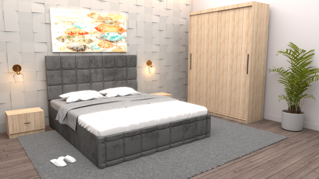 Dormitor Regal cu pat tapitat gri stofa cu dulap