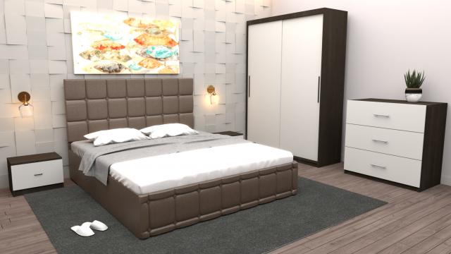 Dormitor Regal cu pat tapitat maro imitatie piele cu dulap