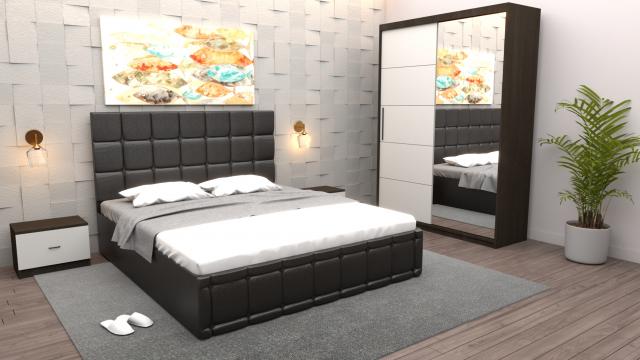 Dormitor Regal cu pat tapitat negru imitatie piele cu dulap de la Wizmag Distribution Srl
