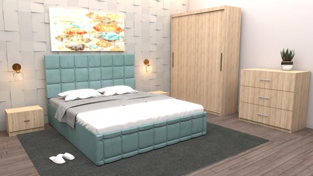 Dormitor Regal cu pat tapitat turcoaz, stofa cu dulap usi de la Wizmag Distribution Srl