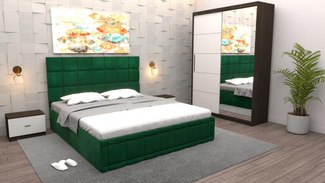 Dormitor Regal cu pat tapitat verde stofa cu dulap usi