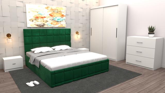 Dormitor Regal cu pat tapitat verde stofa cu dulap de la Wizmag Distribution Srl