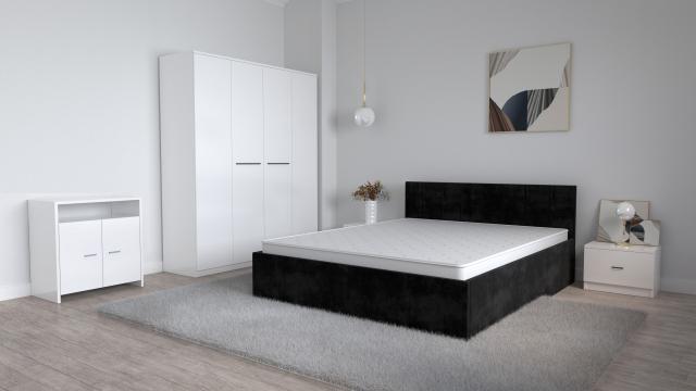 Mobila set dormitor Oliver alb cu pat tapitat negru de la Wizmag Distribution Srl