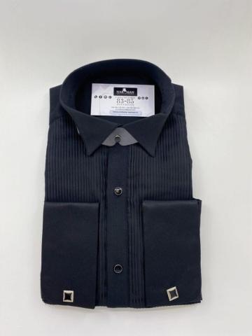 Camasa neagra cu guler papion si pliuri Chevron pe orizontal de la Narman - Tuxedo