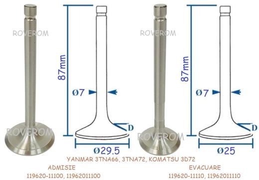 Supape admisie-evacuare Yanmar 3TNA66, 3TNA72, Komatsu 3D72