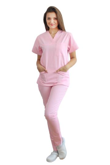 Costum medical roz pal format din bluza cu anchior in V de la Doctor In Uniforma Srl