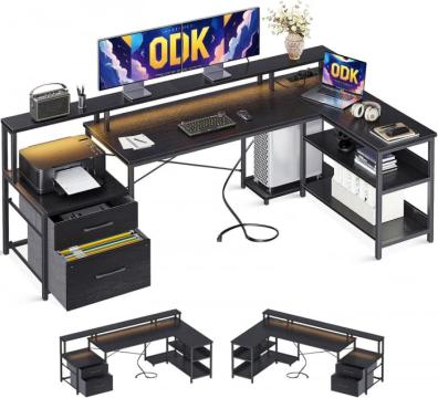 Birou negru reversibil in L, cu sertare, prize si USB 189.3A