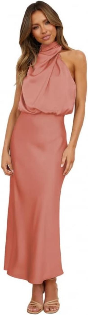 Rochie lunga eleganta din satin, fara maneci, crem piersica