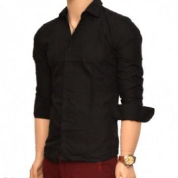 Camasa neagra slim fit cu nasturi ascunsi