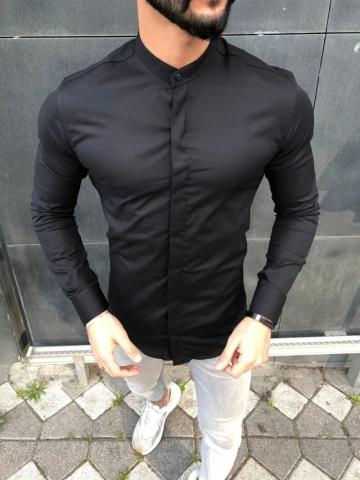 Camasa neagra slim fit stil tunica cu nasturi ascunsi S