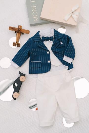 Costum botez Sebastian - albastru cu dungi