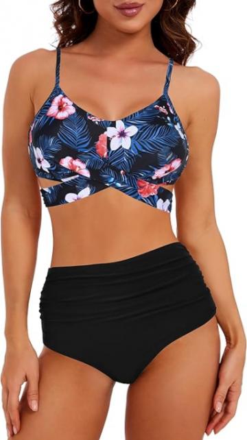 Costum de baie femei din 2 piese slip negru, sutien cu flori de la Molifag Srl
