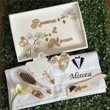 Set personalizat nunta gatit Mire si Mireasa, Orhidee alba